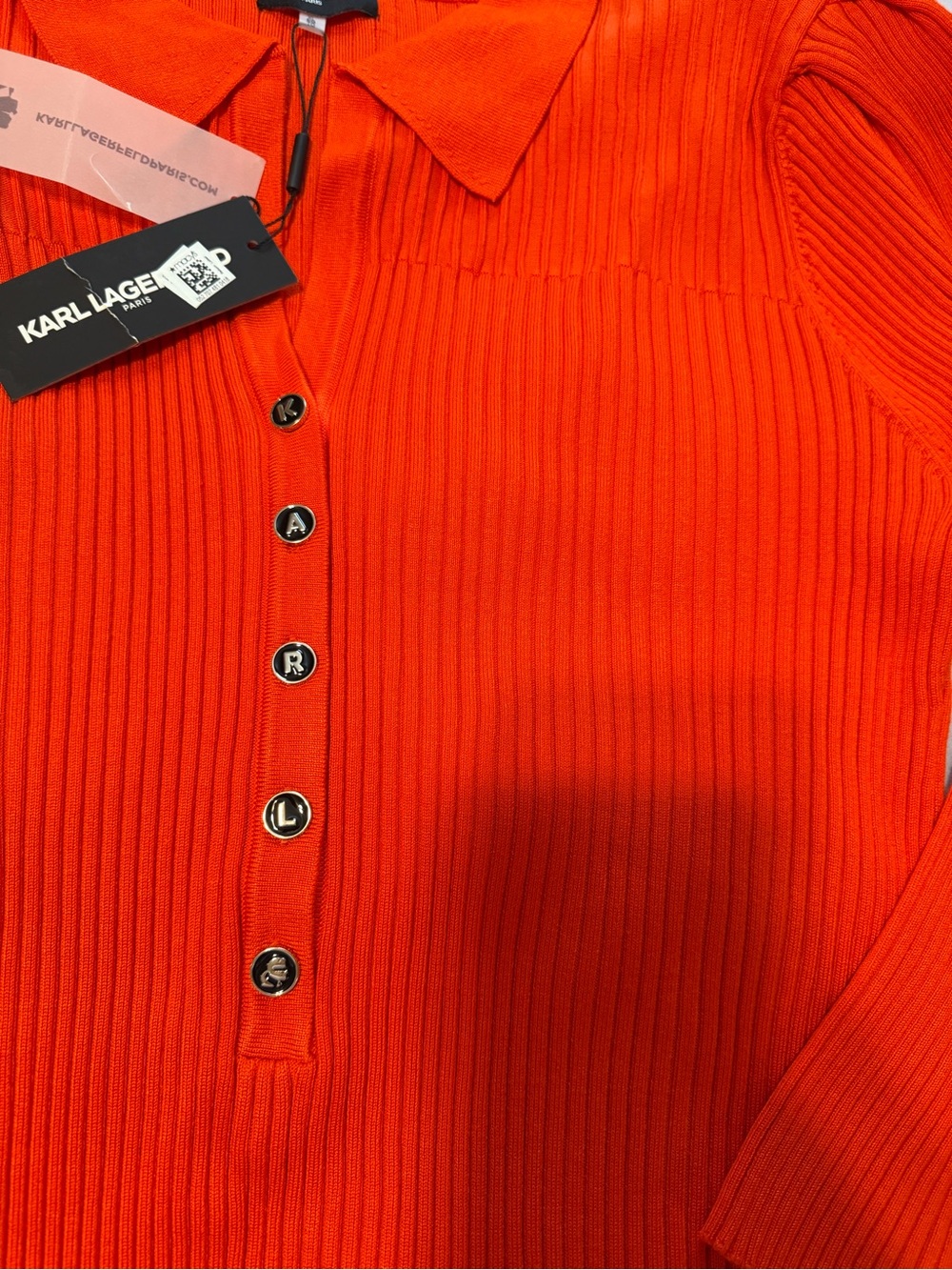 Karl Lagerfeld Orange Ribbed Polo-Style Long Sleeve Top - Picture 4 of 7